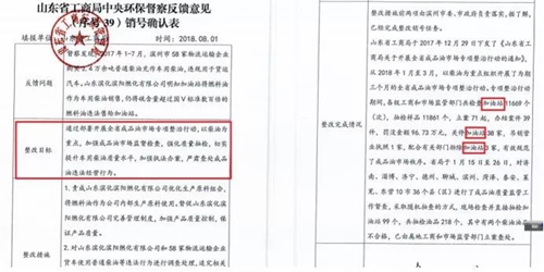 2018年11月1日，中央第三生態(tài)環(huán)境保護(hù)督察組進(jìn)駐山東省開(kāi)展“回頭看”。通過(guò)對(duì)相關(guān)部門(mén)走訪問(wèn)詢，并抽查有關(guān)企業(yè)，發(fā)現(xiàn)山東省物流運(yùn)輸企業(yè)違規(guī)使用普通柴油或其他高硫分燃油問(wèn)題依然十分突出，柴油貨車(chē)尾氣污染嚴(yán)重。  一、基本情況  《大氣污染防治法》明確，禁止向汽車(chē)和摩托車(chē)銷(xiāo)售普通柴油以及其他非機(jī)動(dòng)車(chē)用燃料。第一輪中央環(huán)保督察反饋指出，山東省以普通柴油替代車(chē)用柴油的情況較多，濱州等地市大量物流運(yùn)輸企業(yè)違規(guī)使用普通柴油，尾氣污染問(wèn)題突出。  為此，山東省整改方案要求，杜絕違規(guī)使用普通柴油的情況，并明確由原省工商局負(fù)責(zé)部署推進(jìn)相應(yīng)整改工作。原省工商局于2018年8月1日上報(bào)山東省環(huán)境保護(hù)督察反饋意見(jiàn)整改工作領(lǐng)導(dǎo)小組，聲稱該問(wèn)題完成整改并銷(xiāo)號(hào)。  二、主要問(wèn)題  督察發(fā)現(xiàn)，原山東省工商局作為整改責(zé)任主體沒(méi)有認(rèn)真履行整改職責(zé)，未就整改工作進(jìn)行部署推進(jìn)，整改任務(wù)目標(biāo)完全落空，全省物流運(yùn)輸企業(yè)違規(guī)使用普通柴油或高硫分燃油問(wèn)題依然普遍存在。  （一）違規(guī)售油無(wú)人管。督察組抽查3個(gè)地市的4家煉化公司，發(fā)現(xiàn)這些煉化公司違規(guī)大量向物流運(yùn)輸企業(yè)銷(xiāo)售普通柴油或其他高硫分燃油，導(dǎo)致這些柴油大量替代車(chē)用柴油使用，污染嚴(yán)重。2018年，東營(yíng)齊潤(rùn)化工有限公司將3萬(wàn)余噸硫含量近2000mg/kg的常壓柴油售給物流運(yùn)輸企業(yè)和加油站，墾利石化有限公司也將3萬(wàn)余噸硫含量2000-3000mg/kg的燃油售給相關(guān)物流運(yùn)輸企業(yè)和加油站，硫含量最高超標(biāo)約300倍。2017年中央環(huán)保督察以來(lái)，山東匯豐石化集團(tuán)有限公司將近40萬(wàn)噸普通柴油銷(xiāo)往多家物流運(yùn)輸企業(yè)，濰坊市昌邑石化有限公司將5萬(wàn)余噸國(guó)Ⅳ和國(guó)Ⅴ的普通柴油售給物流運(yùn)輸企業(yè)?，F(xiàn)場(chǎng)抽查發(fā)現(xiàn)，物流運(yùn)輸企業(yè)多數(shù)在自身停車(chē)場(chǎng)內(nèi)私自安裝加油裝置，將所購(gòu)違規(guī)油品自用，昌邑市盛宏物流有限公司甚至違法轉(zhuǎn)售其他社會(huì)車(chē)輛。   圖1 昌邑市盛宏物流有限公司在停車(chē)場(chǎng)內(nèi)私設(shè)加油裝置  （二）督察整改做樣子。原省工商局作為督察整改的責(zé)任主體，接受任務(wù)時(shí)服從安排，實(shí)際整改時(shí)做做樣子。督察反饋明確指出問(wèn)題主要是煉化公司違法向物流運(yùn)輸企業(yè)銷(xiāo)售普通柴油替代車(chē)用柴油使用，導(dǎo)致汽車(chē)尾氣污染。但原省工商局等部門(mén)整改時(shí)僅部署對(duì)加油站和成品油倉(cāng)儲(chǔ)批發(fā)企業(yè)的檢查，沒(méi)有將煉化公司到物流運(yùn)輸企業(yè)的黑色鏈條作為查處對(duì)象。整改工作指東打西，真正問(wèn)題沒(méi)有觸及。另外，整改方案明確的目標(biāo)是“強(qiáng)化日常監(jiān)督管理，杜絕違規(guī)使用普通柴油”；但原省工商局擅自在銷(xiāo)號(hào)材料中將目標(biāo)改為“針對(duì)加油站開(kāi)展專項(xiàng)整治行動(dòng)”，以此蒙混過(guò)關(guān)，虛假銷(xiāo)號(hào)。   圖2 原省工商局在銷(xiāo)號(hào)確認(rèn)表上弄虛作假  （三）執(zhí)法監(jiān)管走過(guò)場(chǎng)。2017年以來(lái)，山東省各市共打擊取締非法加油點(diǎn)近2000家，但僅對(duì)涉案物流運(yùn)輸企業(yè)進(jìn)行了處罰，未能以此為線索追根溯源，對(duì)源頭煉化公司違規(guī)售油問(wèn)題進(jìn)行查處，煉化企業(yè)到物流運(yùn)輸企業(yè)的黑色鏈條始終未被斬?cái)唷? 一些煉化企業(yè)長(zhǎng)期游離于監(jiān)管之外，缺乏對(duì)法律的敬畏。2018年8月，生態(tài)環(huán)境部調(diào)研發(fā)現(xiàn)中國(guó)化工集團(tuán)山東昌邑石化有限公司涉嫌違法生產(chǎn)銷(xiāo)售國(guó)Ⅳ普通柴油，但在進(jìn)一步調(diào)查時(shí)，企業(yè)拒絕配合，不提供相關(guān)臺(tái)賬，并臨時(shí)編造相關(guān)記錄。“回頭看”進(jìn)駐后，督察組再次現(xiàn)場(chǎng)檢查，要求企業(yè)提供儲(chǔ)運(yùn)臺(tái)賬，企業(yè)依然拒絕提供，并繼續(xù)編造謊言，提供虛假材料，性質(zhì)十分惡劣。  對(duì)此，濰坊市查處不嚴(yán)不實(shí)，甚至試圖蒙混過(guò)關(guān)。在督察組兩次督導(dǎo)后，查處工作依然走過(guò)場(chǎng)，在未調(diào)度企業(yè)生產(chǎn)記錄和儲(chǔ)運(yùn)臺(tái)賬等關(guān)鍵證據(jù)的情況下，即采信企業(yè)說(shuō)法，甚至未調(diào)閱生產(chǎn)記錄就作出該企業(yè)2018年未生產(chǎn)銷(xiāo)售國(guó)Ⅳ普通柴油的結(jié)論。直到督察組再次督導(dǎo)、進(jìn)一步明確要求后才加大查處力度，發(fā)現(xiàn)該企業(yè)2018年實(shí)際以燃料油名義違規(guī)銷(xiāo)售國(guó)Ⅳ普通柴油4萬(wàn)多噸。  三、原因分析  原山東省工商局不在整改落實(shí)中下功夫，反而在整改銷(xiāo)號(hào)上動(dòng)腦筋，表面整改，虛假整改問(wèn)題突出。  山東省有關(guān)地市不敢動(dòng)真碰硬，對(duì)違法銷(xiāo)售不合格油品的黑色鏈條整治不力，未能對(duì)油品來(lái)源追根溯源，未對(duì)煉化企業(yè)的違法行為依法查處。